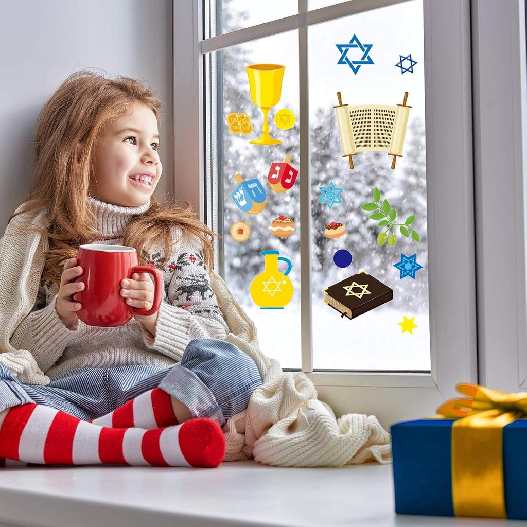 Outus 84 Pcs Hanukkah Window Clings Menorah and Star of Window Decals Je Chanukah Decorations Vinyl Cling Decor for Window Sliding Glass Doors