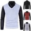 Men's Solid-color Casual V-neck And Square Neck Pullover Knitted Sweater, Men's Fake Two-piece Striped Neck Long-sleeved Sweater