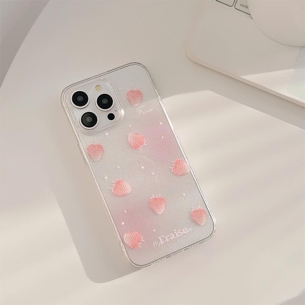 Summer Cream Strawberry Apple 16 Mobile Phone Case 13 Glitter Powder Iphone14promax Suitable for 11 Stand 12