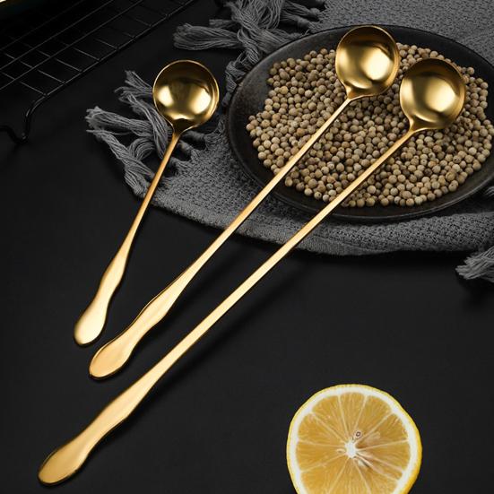 Ложка для перемешивания с длинной ручкой, пищевая удобная ручка, полированные столовые приборы из нержавеющей стали, мороженое, десерт
