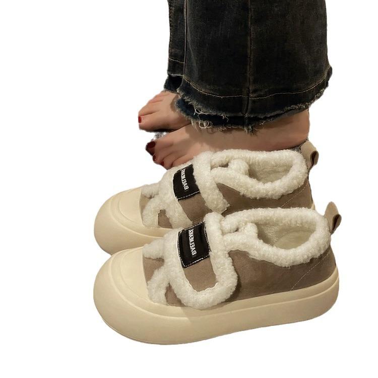 Туфли на толстой подошве с липучками, женские, из флиса из овечьей шерсти для тепла, новинка 2025 года, молочные пушистые туфли, флис