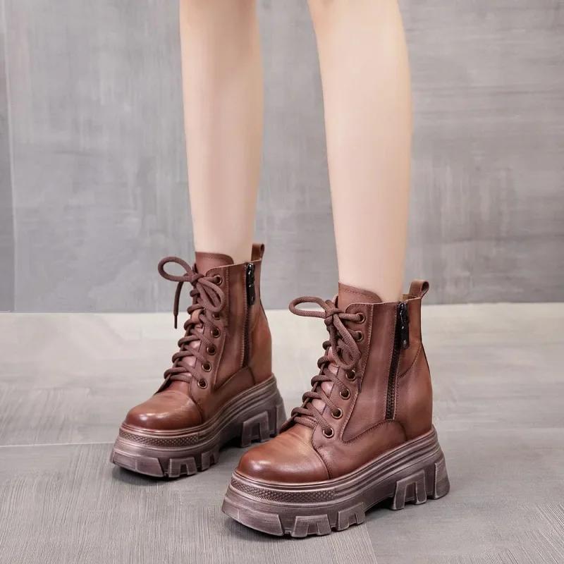 Fashion Brown 7CM Genuine Leather Synthetic Cushioned Autumn Women Spring Durable Ankle Boots Platform Wedge Winter Plush Spring Shoes