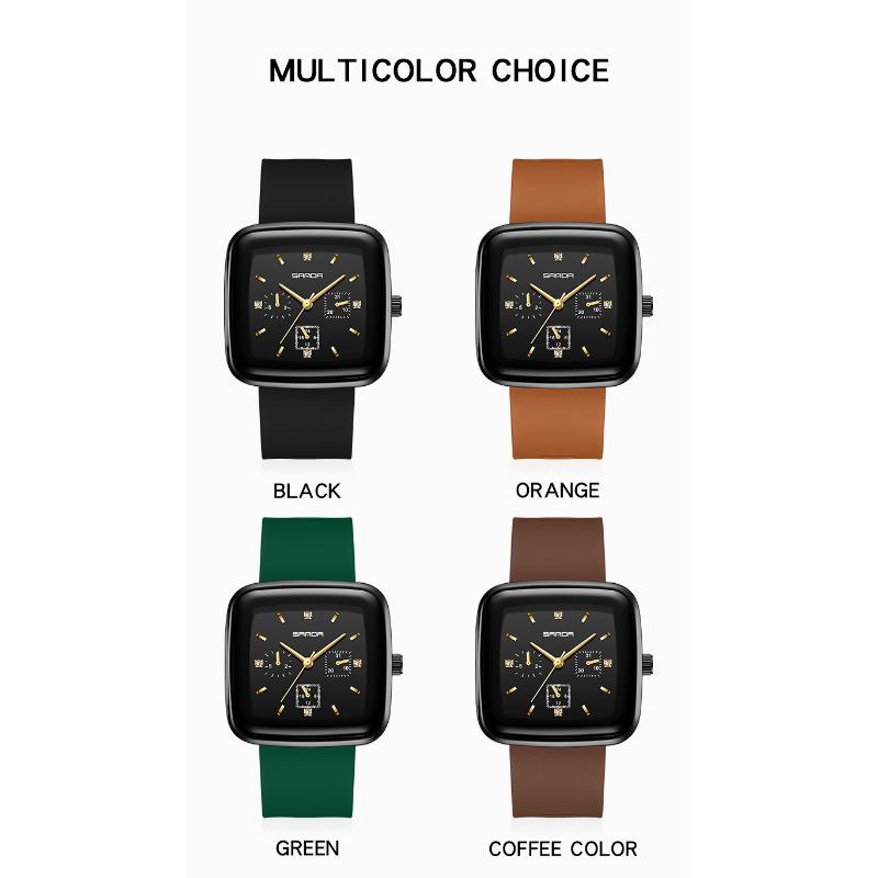 SANDA Новые квадратные кварцевые часы с шестью швами, мужские и женские часы, модные силиконовые Plaza, креативные персонализированные кварцевые часы