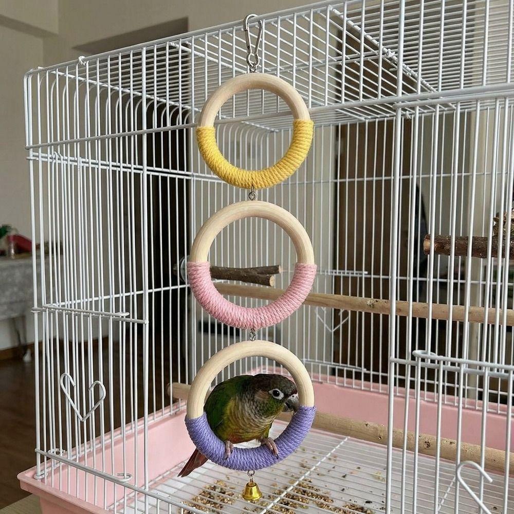 with Bell Bird Swing Toy Wood Hanging Parrot Ring Toy Bird Cage Perch  Climbing Play