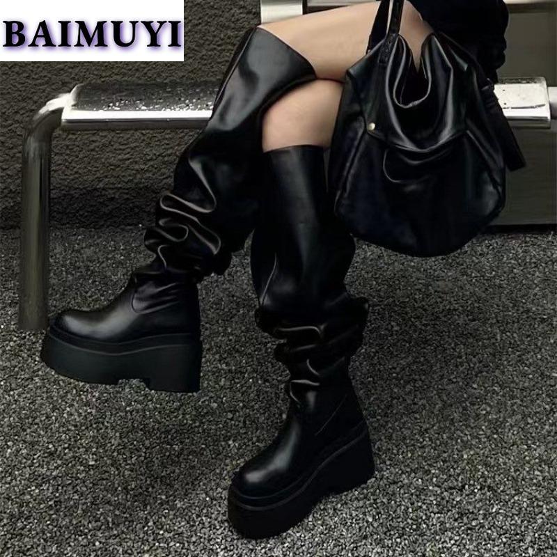 Сапоги на платформе до колена, женские туфли на высоком каблуке в готическом стиле, роскошные туфли-челси 2025 года, дизайнерские плиссированные кожаные зимние ботинки для снега