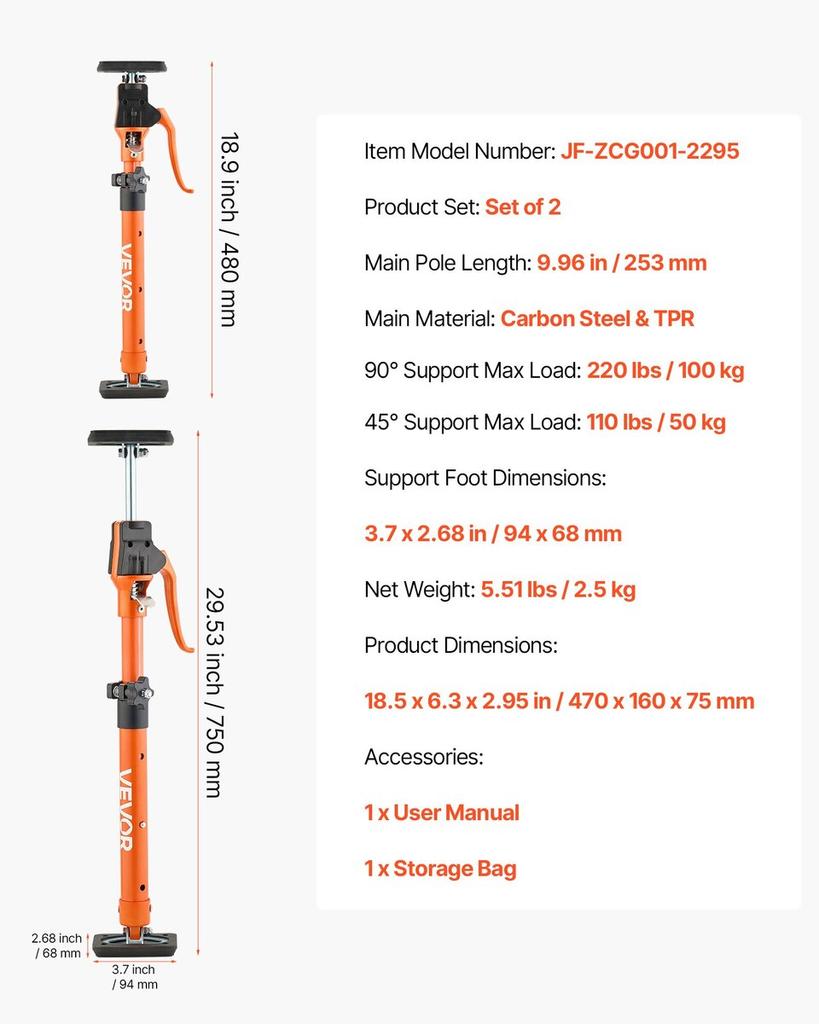 Cabinet Jack Support Pole, 2-Pack, 48-75 cm Steel Telescopic Quick Support Rod, Adjustable 3rd Hand System up to 100 kg Capacity for Installing