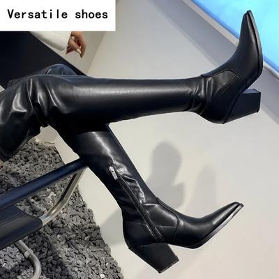 Винтажные зимние женские сапоги выше колена с острым носком, модные толстые каблуки, длинные сапоги, женские сапоги Largas