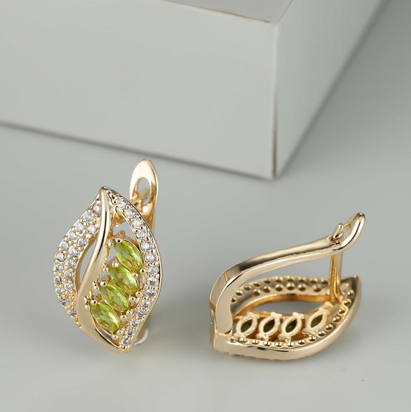 1 пара роскошных серег-клипс на крючках цвета желтого золота огранки «маркиз» оливково-зеленого цвета с камнем, висячие серьги в стиле полых листьев, свадебные серьги