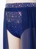 Girls Lyrical Dance Costume Shiny Rhinestones Open Front Flowy Sheer Mesh Skirt Built In Briefs