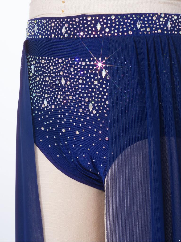 Girls Lyrical Dance Costume Shiny Rhinestones Open Front Flowy Sheer Mesh Skirt Built In Briefs