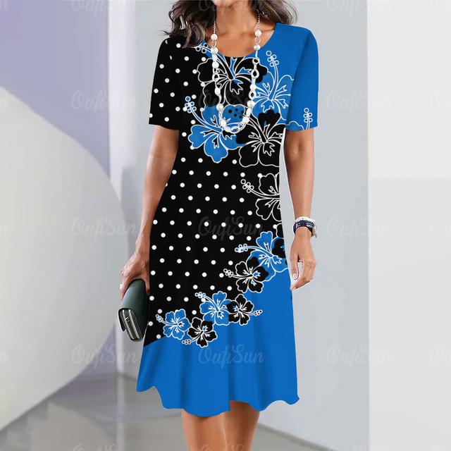 Элегантное платье с коротким рукавом, женская одежда, цветочный принт, О-образный вырез, свободное уличное летнее платье