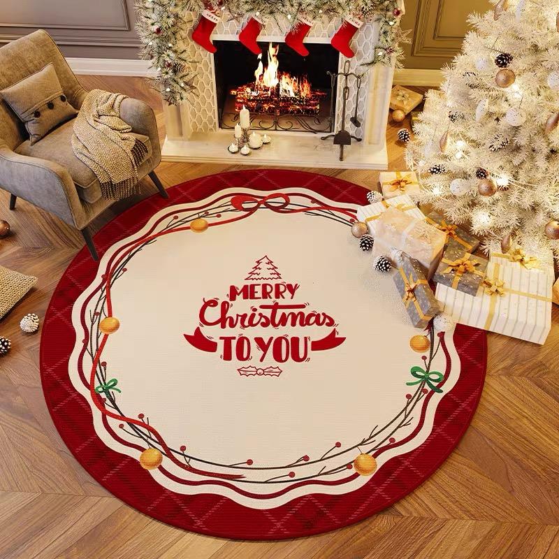 VIKAMA Christmas Round Carpet Living Room Bedroom Festive Red Festive Atmosphere Decorated Christmas Tree Decoration