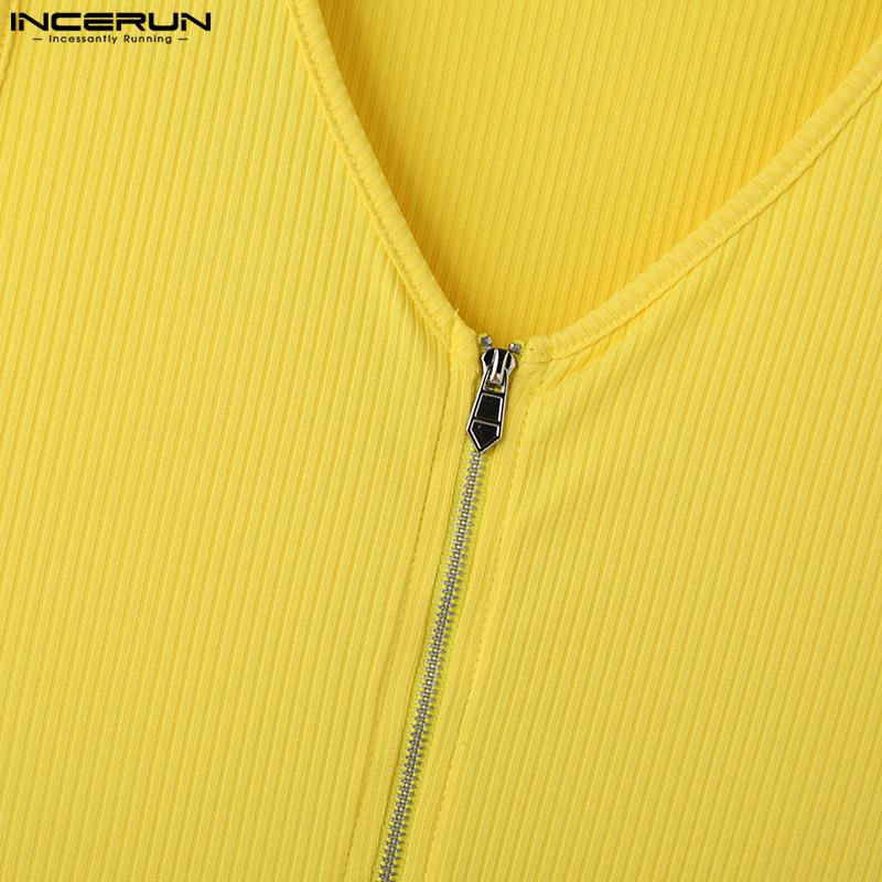 INCERUN Мужские летние майки без рукавов с V-образным вырезом на молнии, с гоночной спинкой, рубчатые, спортивные, облегающие