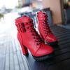 Women Platform Ankle Boots High Heels  2024 Winter Fashion Red Shoes Woman Round Toe Lace-Up Studded Leather Boots Ladies Shoe