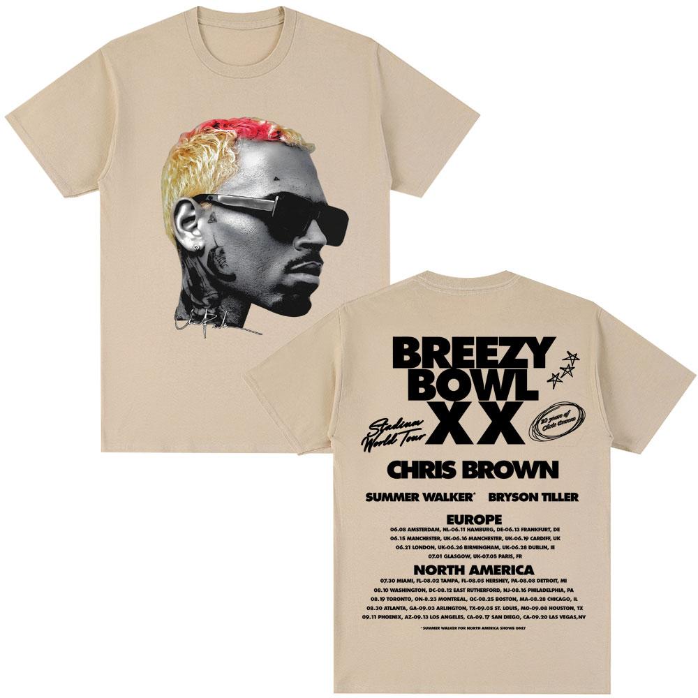 Rapper Chris Brown Album Tshirt Breezy Bowl XX Tour 2025 Hip Hop Vintage T Shirt Men Women Oversized Cotton Tshirts Streetwear