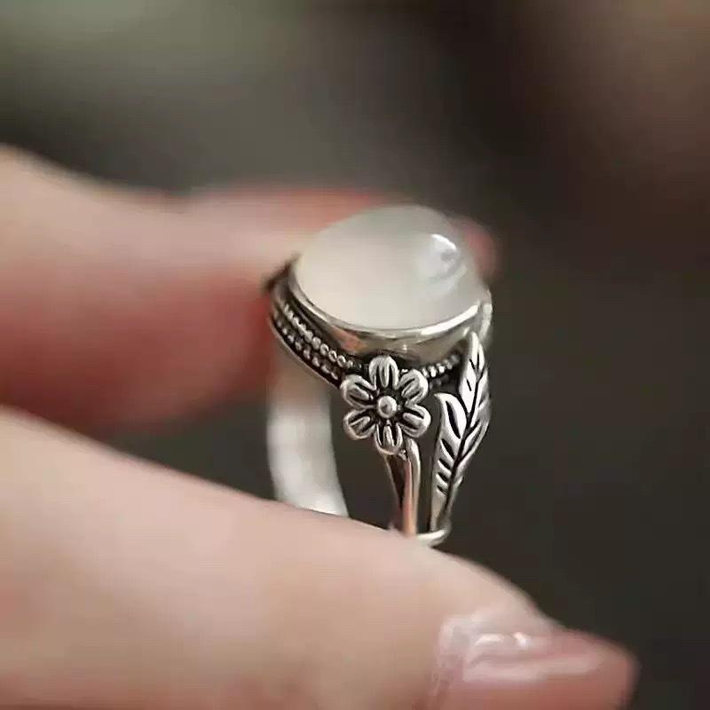 Кольцо в ретро этническом стиле с цветочным узором и ажурной работой, женское, серебряное, с натуральным камнем, простое, художественное, высококлассное, открытое кольцо с цветком, для повседневного сочетания