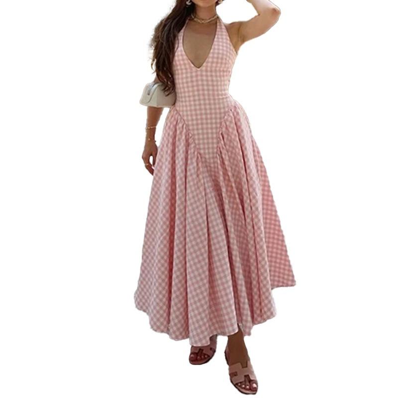 Women French Style Halter Neck Pleated Waist Cinching Long Dress