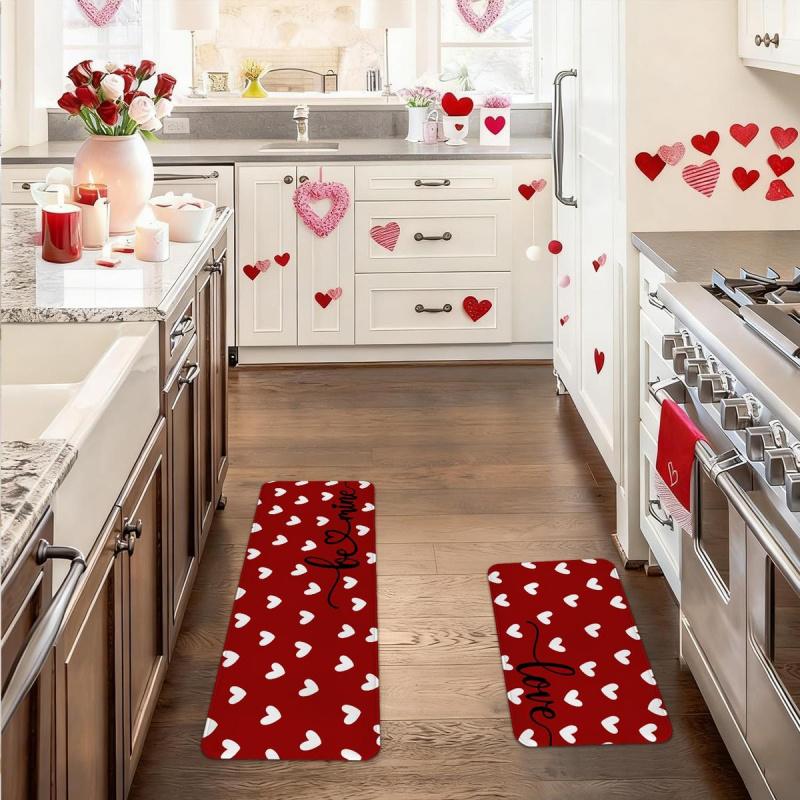 Valentine's Day Kitchen Carpet Set, Kitchen runner rug, featuring small hearts and love patterned floor mat