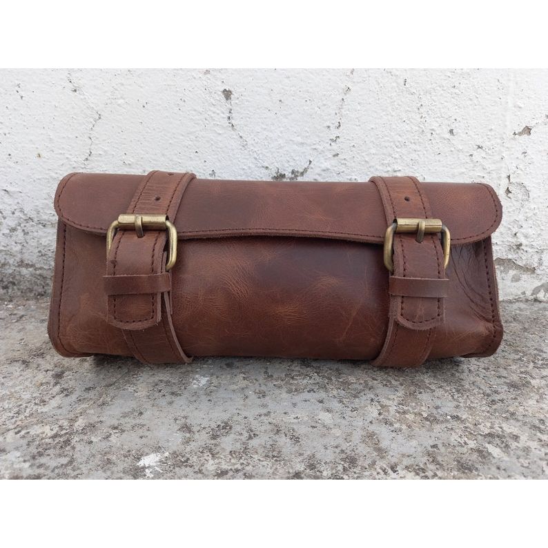 Leather Bag Motorcycle Pouch Brown Saddle Buffalo Leather Bag Bike Small Tool Bag Front Fork Handlebar Leather Saddlebag Pouch
