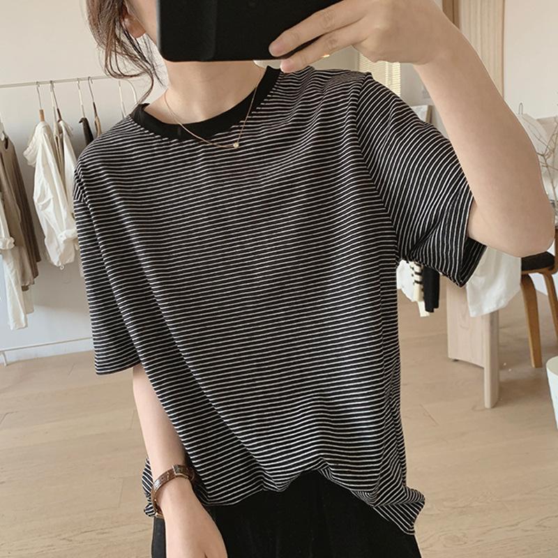 High Quality Pure Cotton Striped T-shirt Women's Summer New Loose Slim Versatile Short-sleeved T-shirt Top