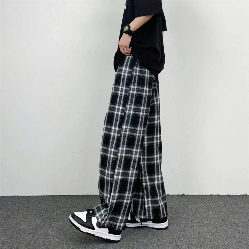 Black and White Plaid Pants Oversize New Women Casual Loose Wide Leg Trousers Ins Retro Teen Straight Trousers Hiphop Streetwear
