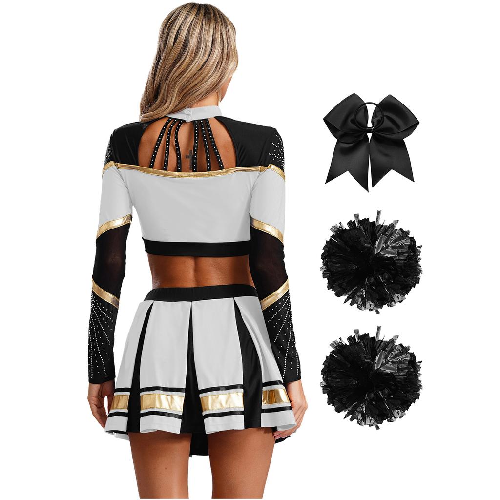 Women Cheerleading Performance Dance Outfit Long Sleeve Mock Neck Rhinestones Crop Top Pleated Skirt Hair Tie Set