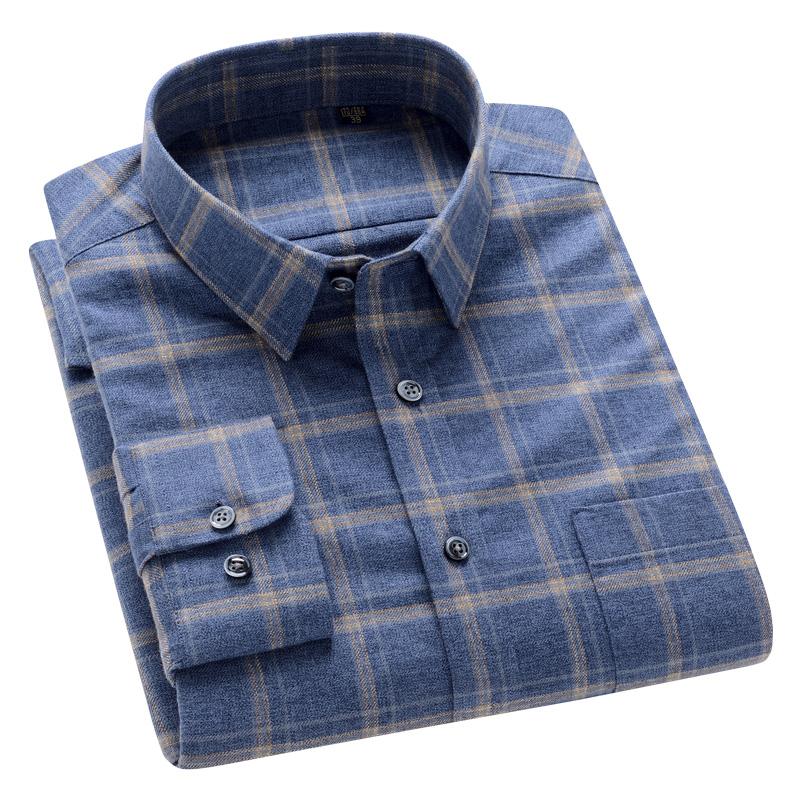 100% Cotton Flannel Men Leisure Shirts Business Long Sleeve Spring Autumn Casual Male Plaid Shirt with Pocket Regular Fit