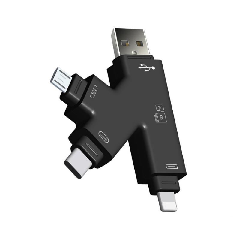 Устройство чтения карт памяти SD USB 2.0 Многофункциональное устройство Lightning Type-C 4-в-1 Интерфейс USB Micro USB K-образный дизайн