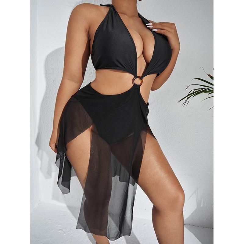 Плюс размер Кольцо Связанное Контрастная сетка Цельный купальник Сексуальное бикини Монокини