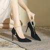 Thin heel temperament socialite pearl buckle belt pointed single shoes 2025 new fairy style black suede high heels women