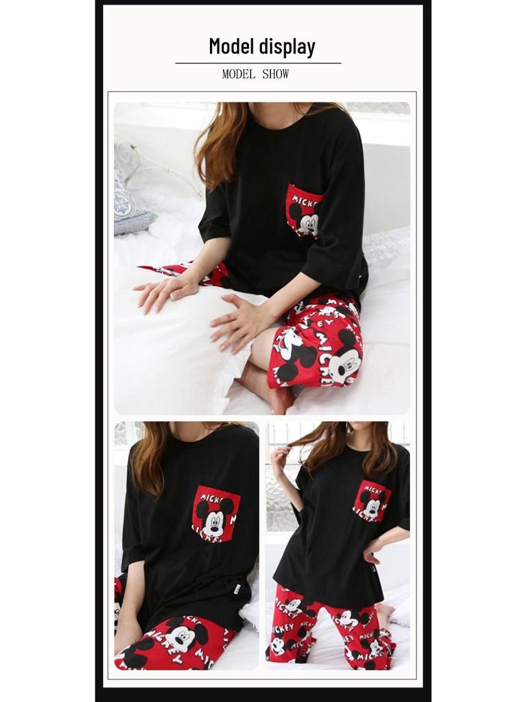 Женский летний пижамный комплект - Круглый вырез, Короткий рукав, Брюки длиной семь восьмых, Удобный повседневный костюм-двойка