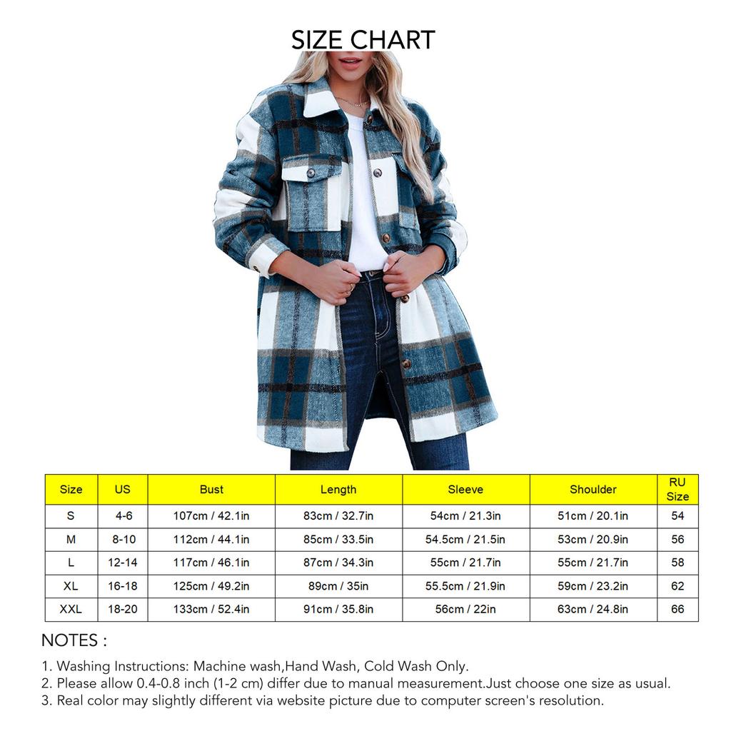 Women Long Sleeve Shacket Drop Shoulder Loose Fit Plaid Shirt Jacket with Chest Pockets Blue XXL