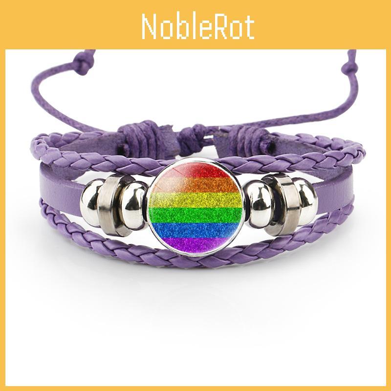 Distinctive And Colorful Rainbow Flag Time Gemstone Purple Bracelet Leather