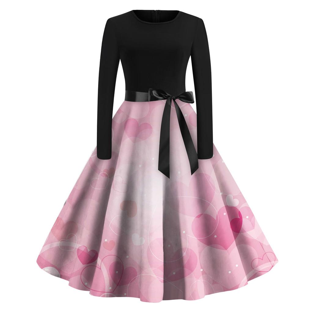 Женское винтажное классическое платье с длинным рукавом и принтом на День святого Валентина, свободное платье с круглым вырезом