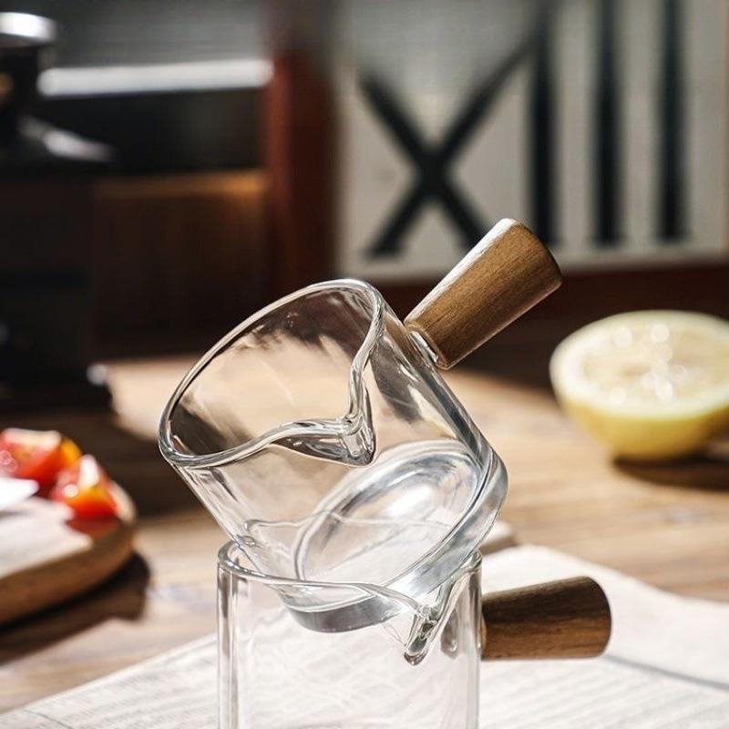 1 шт. Стеклянная мерная чашка с деревянной ручкой Стеклянная мерная чашка для эспрессо Двойная Одинарная горловина Молоко Кофе Прозрачная кружка Кофейные принадлежности