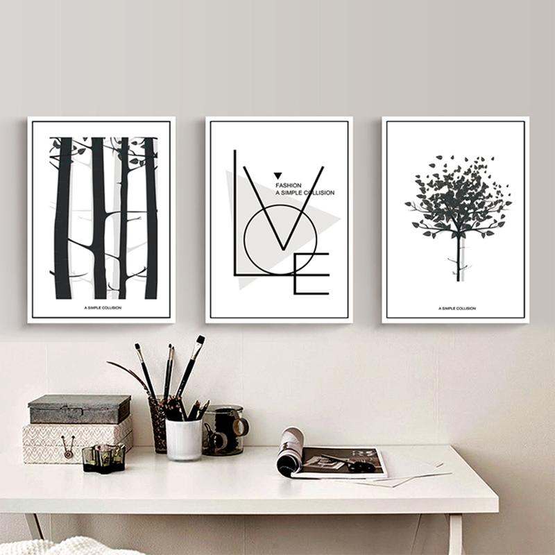 Modern Black White Abstract Tree Canvas Painting Minimalism Wall Art Poster Love Quotes Print Picture for Living Room Bedroom