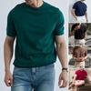Summer Men T-Shirt Crew Neck Solid Color Short Sleeves Knitted Shirt Breathable Slim Fit Lightweight Basic Tee Casual Business Top