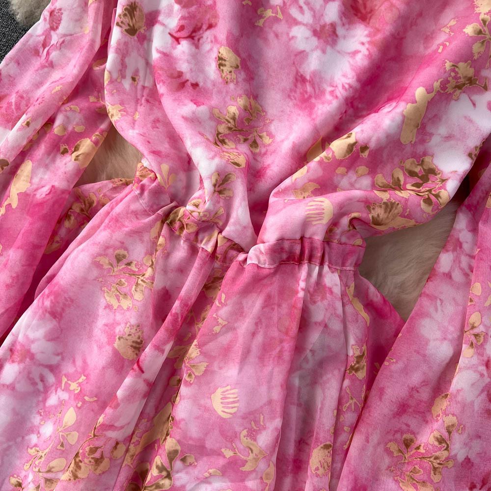 Весеннее женское летнее бандажное платье в стиле ретро с цветочным принтом, элегантное шифоновое платье трапециевидной формы с рукавами-фонариками и шнуровкой, с высокой талией, длинные платья