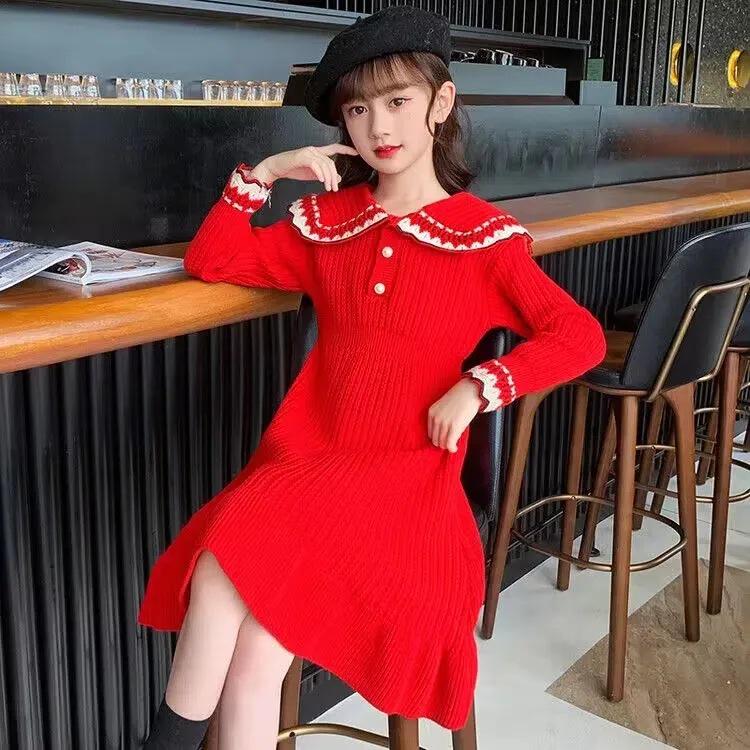 Платье-свитер принцессы с длинными рукавами для девочек - осенний стиль колледжа