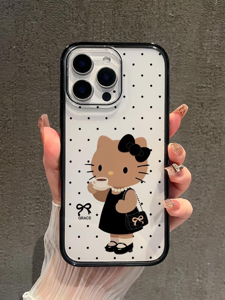 Прозрачный чехол для телефона Coffee Kitty для Apple 17ProMax, 16ProMax, 17Pro, 15, 14 с черным краем - Милый дизайн