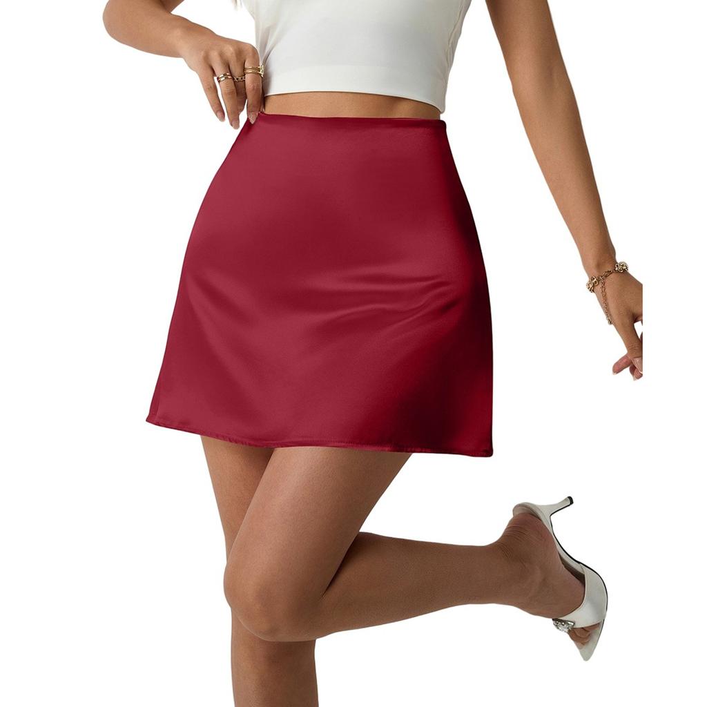 Женская летняя модная атласная юбка А-силуэта с высокой талией, однотонная короткая юбка до талии