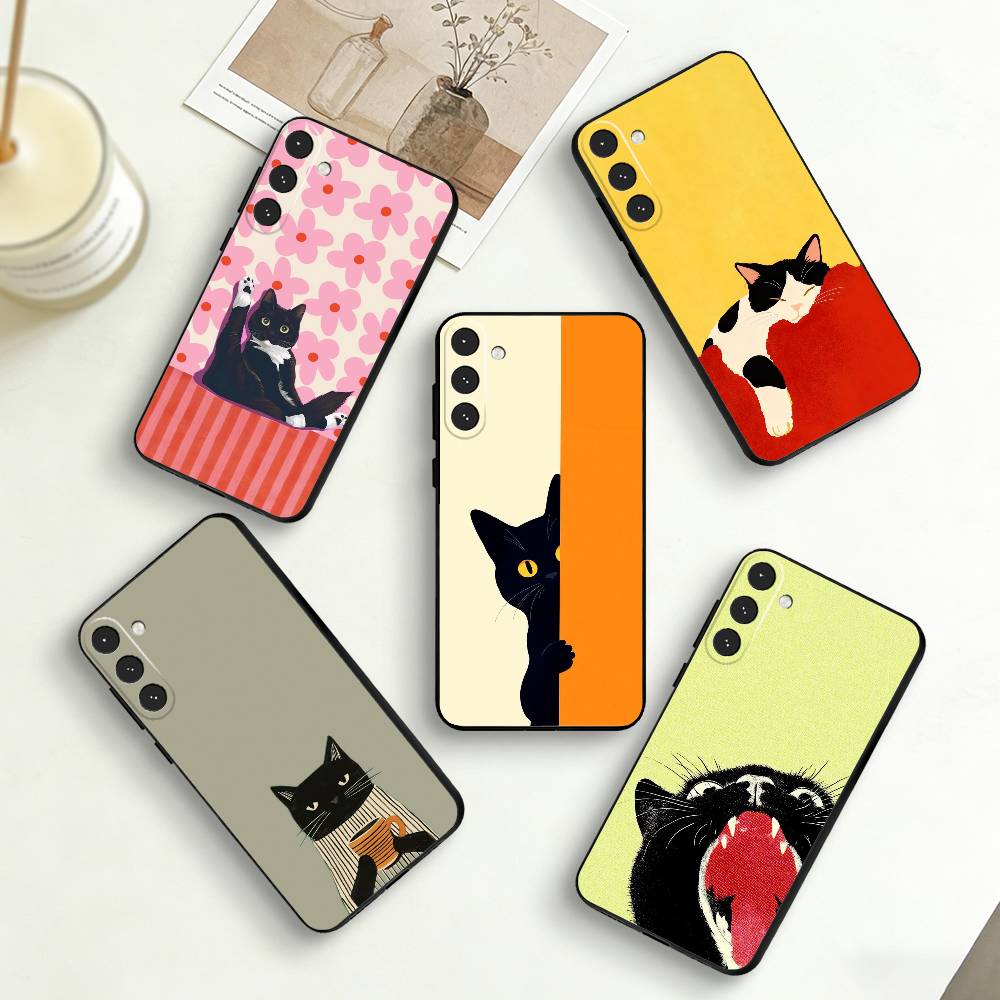 C-Cute Black White Cat Phone Case For Samsung Galaxy A73,A72,A71,A70,A53,A52,A51,Others Soft Black Cover