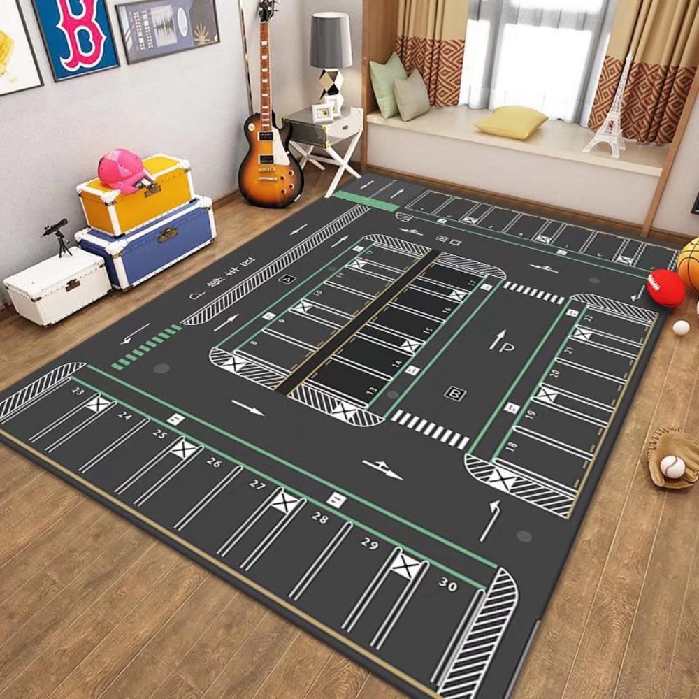 Boys Kids Carpet Rug with City Road Railway Race Track Design Play Mat for Bedroom Living Room Fun Indoor Entrance Door Mat