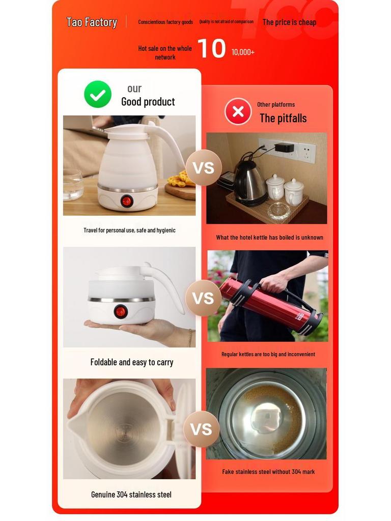 Компактный электрический складной силиконовый чайник с автоматическим отключением для путешествий