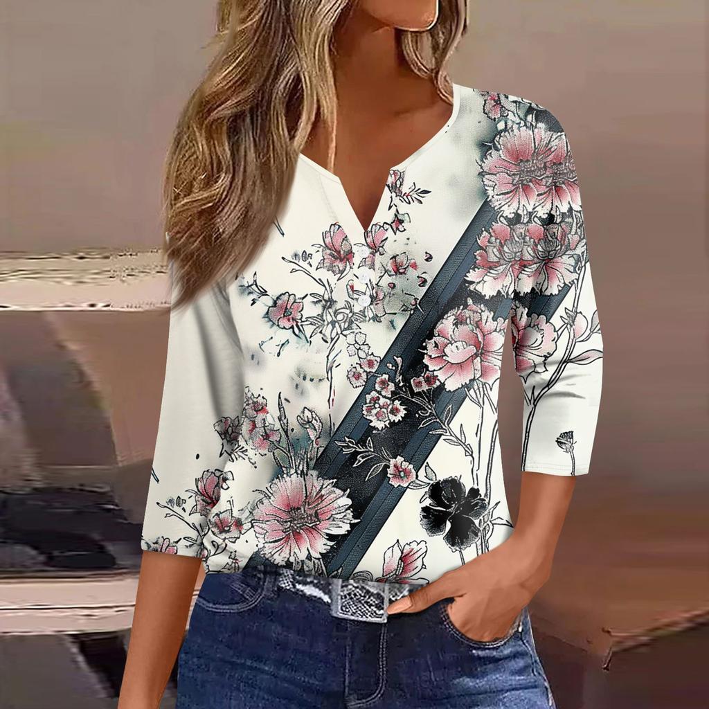 Жен. Футболка Футболка С принтом Пуговицы Рукав 3/4 Повседневные Выходные Мода Классический Классический V-образный вырез Обычный Верх