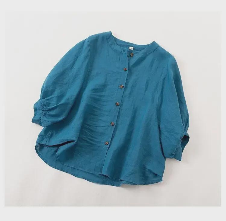 2025 Весна/Лето Женский Ретро-Топ из хлопка и льна с рукавами-фонариками и свободным кроем средней длины