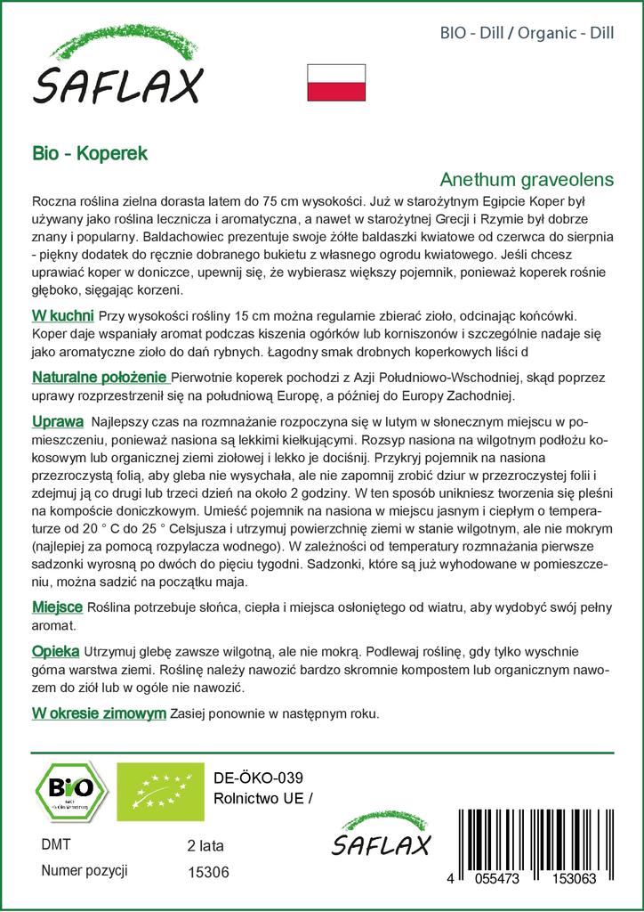 SAFLAX Garden in the Bag - Органический - Укроп - 700 семян - С субстратом в подходящем мешке - Anethum Graeolens