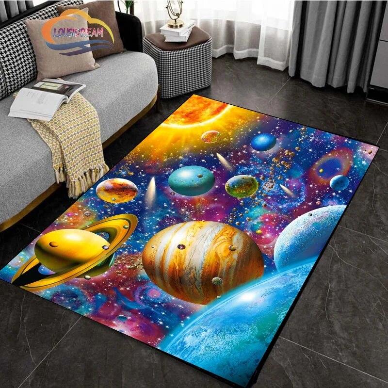 Cartoon Space Rug Universe Ufo and Many Planets In Galaxy Carpet Solar System Living Room Bedroom Fashion Decoration