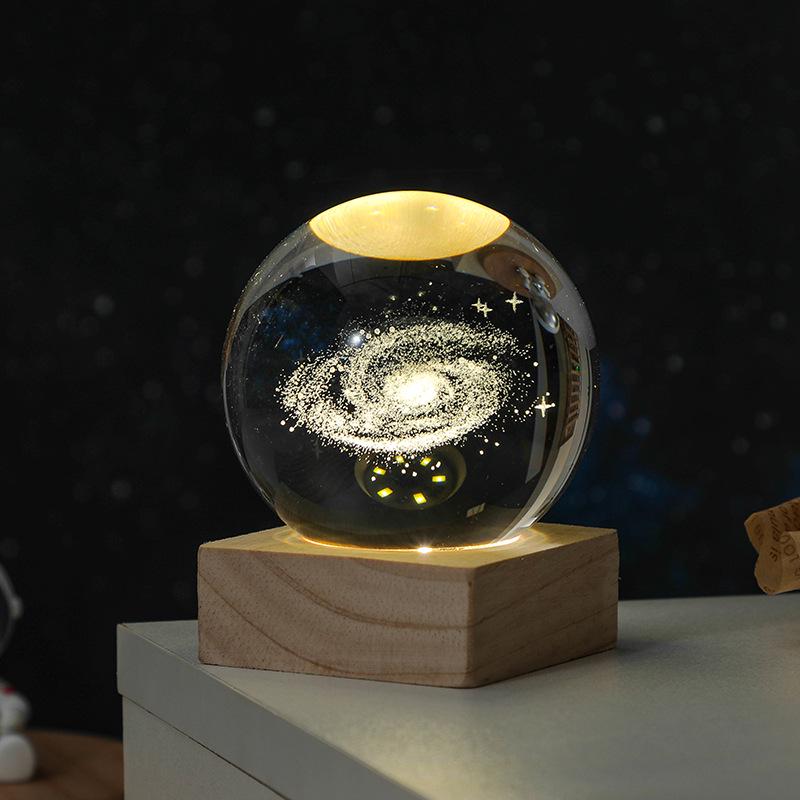 3D Solar System Crystal Ball Night Light with Wooden Base - Luminous Desktop Home Decor & Birthday Gift