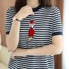 Полосатая вышитая футболка с круглым вырезом из мерсеризованного хлопка для женщин, летний топ с короткими рукавами, вязаный свитер с контрастной хлопковой нитью